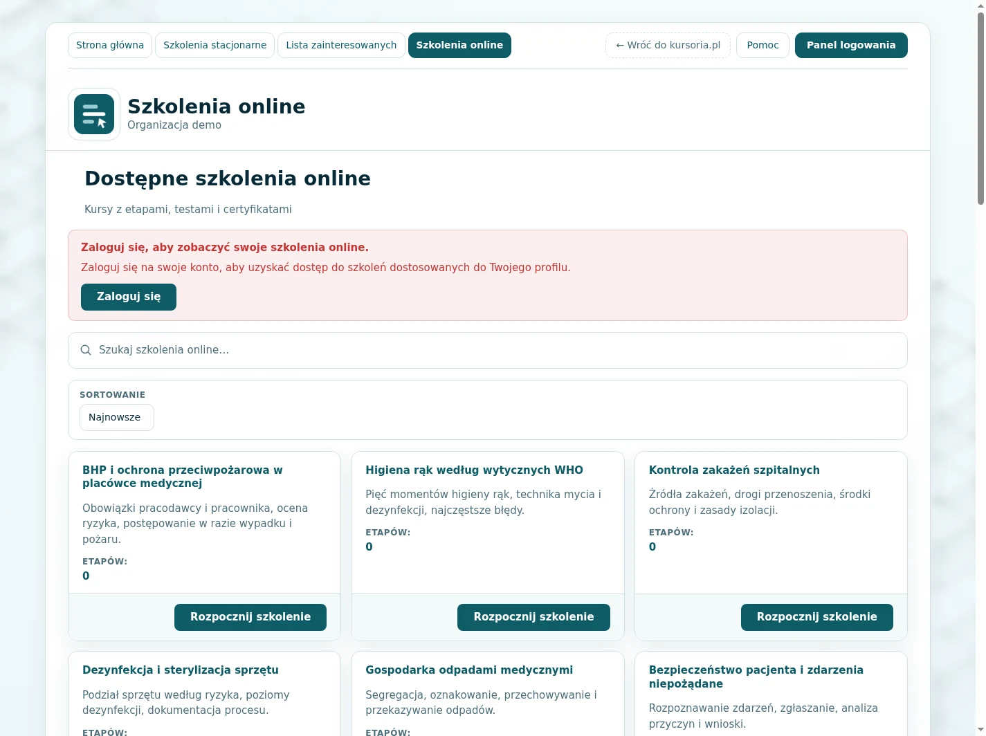 Lista kursów online ze statusami